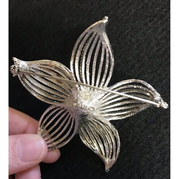 Vintage 80s Sarah Coventry Brooch Pin Silver Wire Flower Faux Imitation Pearl 3” - Picture 5 of 10